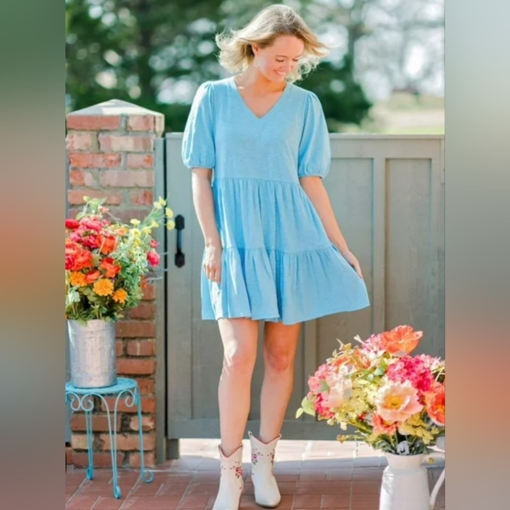 The Pioneer Woman Tiered Knit‎ Blue V-Neck Puff Sleeve Dress Size XL NWT